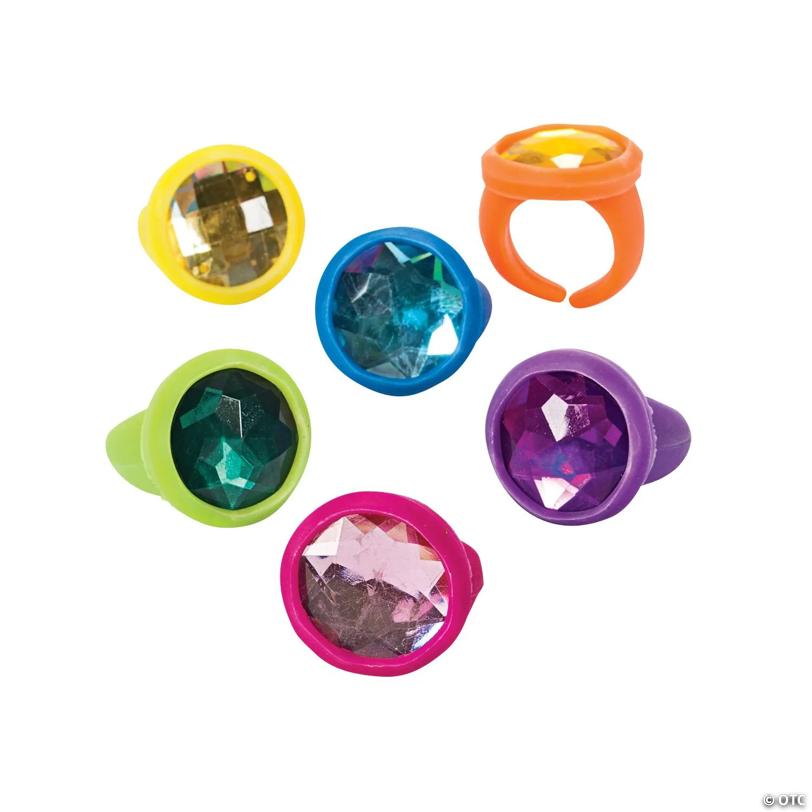 1" Multicolor Rubber Jewel Rings with Detachable Gem - 24 Pc.