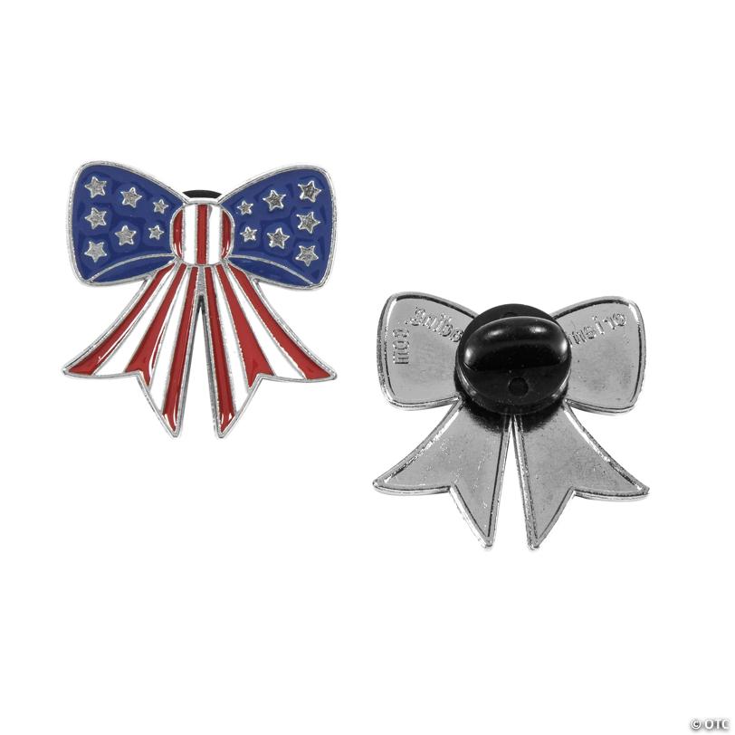 1" Patriotic Red, White & Blue US Flag Style Bow Metal Pins - 12 Pc.