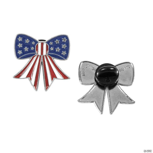 1" Patriotic Red, White & Blue US Flag Style Bow Metal Pins - 12 Pc.