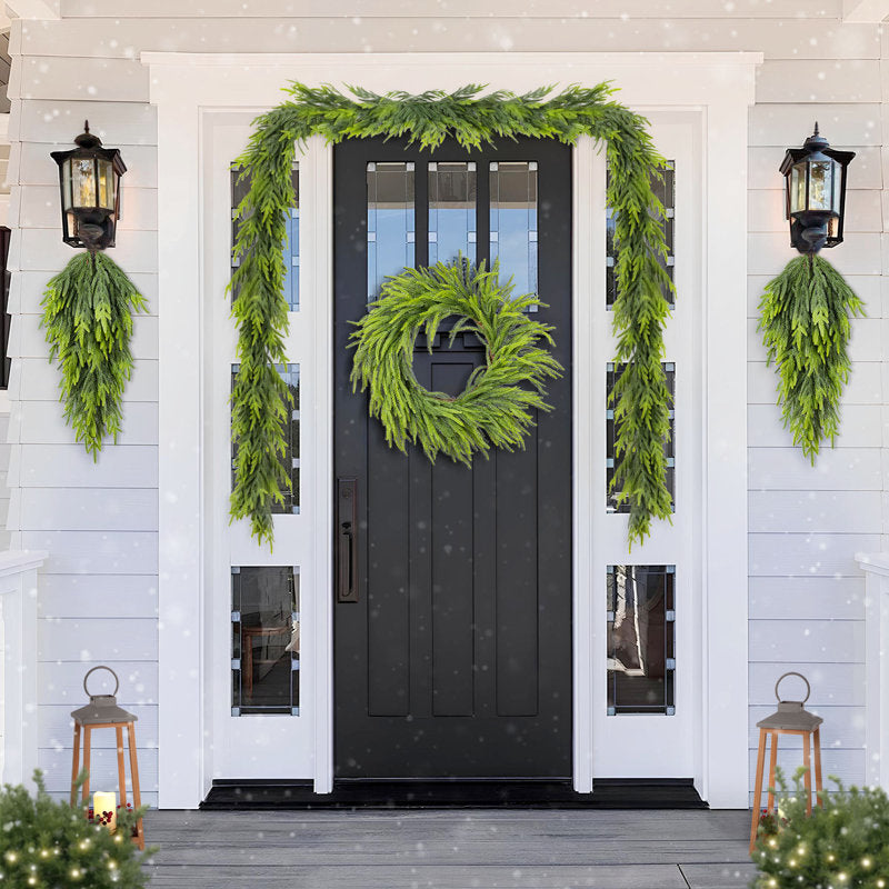 6 ft Pre-Lit Artificial Pine Christmas Garland styled along a festive mantel