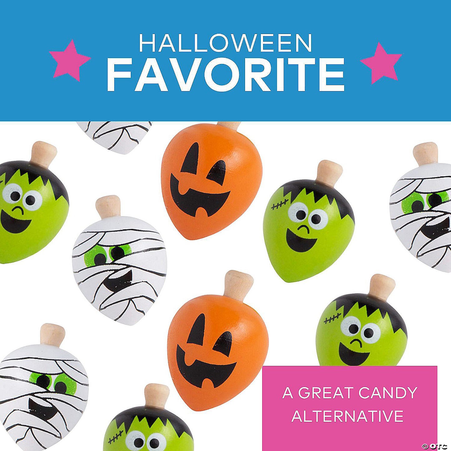2" Happy Halloween Mummy, Jack-O'-Lantern Frankenstein Spin Tops - 12 Pc. | USA Decoration®