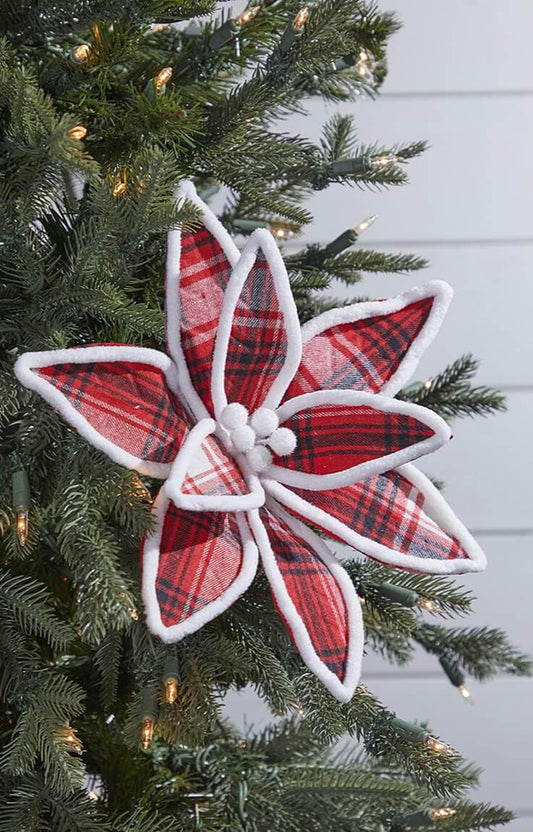 19" x 12.5" Red and White Black Plaid Poinsettia Pick for Holiday Decor