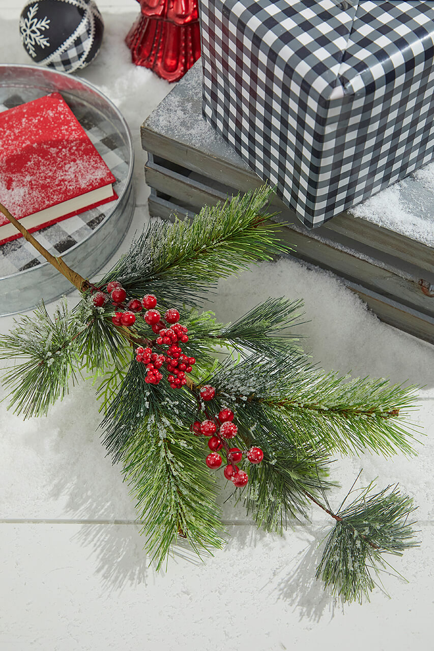 32” Frost Pine Berry Spray - Red & Green