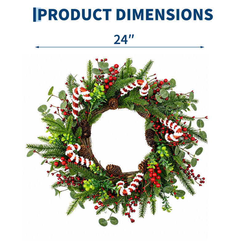 20" Artificial Christmas Wreath with Candy Cane and Red Berry Accents, Holiday Décor