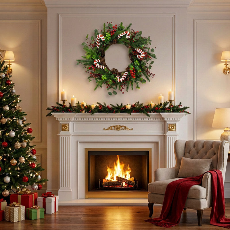 20" Artificial Christmas Wreath with Candy Cane and Red Berry Accents, Holiday Décor