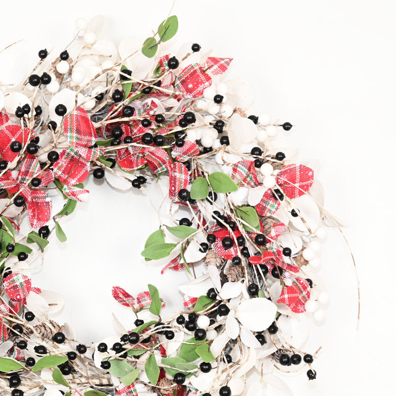 20" Artificial Farmhouse Plaid Fabric Decorations Christmas Day Holiday Decor Blossom Cluster Berry Foliage Winter Wreath For Front Door