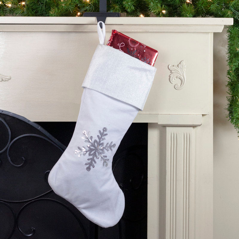 20" White Christmas Stocking with Silver Sequin Snowflake