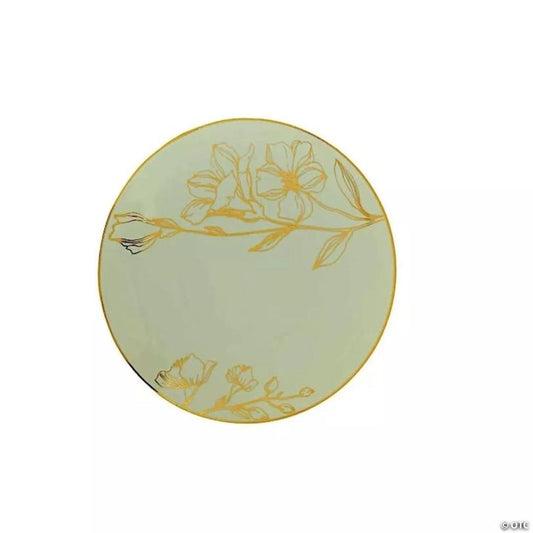 20 Sage Green Round Disposable Salad Dinner Plastic PLATES Gold Floral Design | USA Decoration®