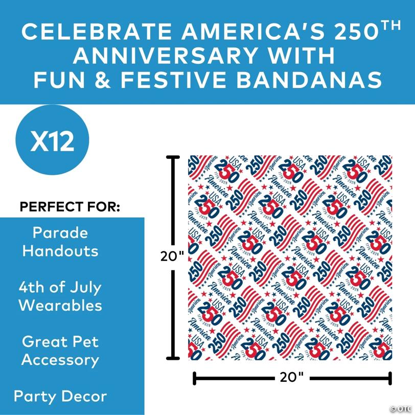 20" x 20" Patriotic America 250th Anniversary Polyester Bandanas – 12 Pc.
