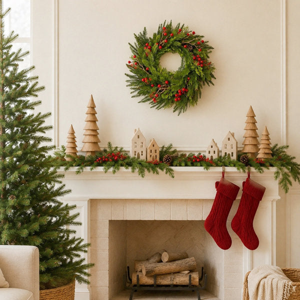21.6 Inch Artificial Christmas Greenery Wreath, Winter Front Door Wreath with Red Berries and Pine Cones for Wall Window Holiday Decoration