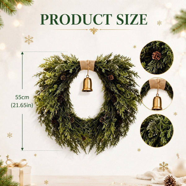 21.6 Inch Heart-Shaped Wreath for Front Door – Faux Greenery with Rustic Bell – Waterproof & Fade-Resistant Christmas Decor for Porch, Holiday Wall or Indoor Use