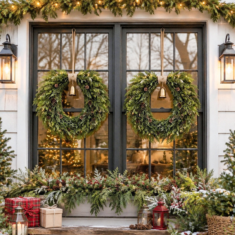 21.6 Inch Heart-Shaped Wreath for Front Door – Faux Greenery with Rustic Bell – Waterproof & Fade-Resistant Christmas Decor for Porch, Holiday Wall or Indoor Use