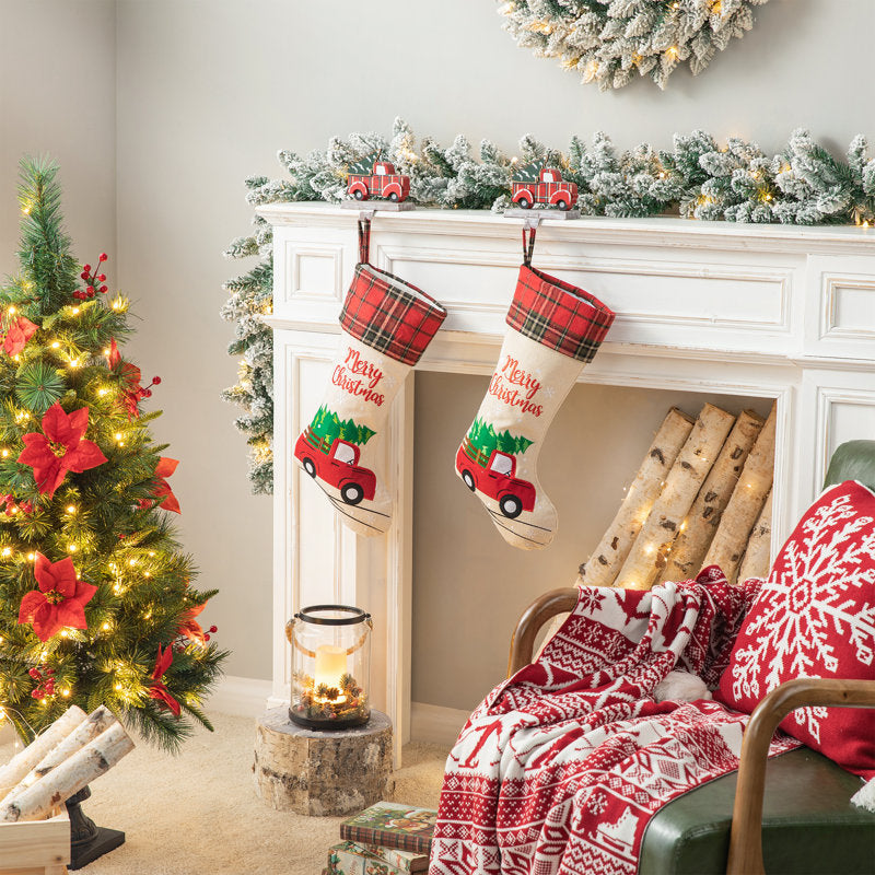 21''L Embroidered Linen Christmas Stocking - Red Truck