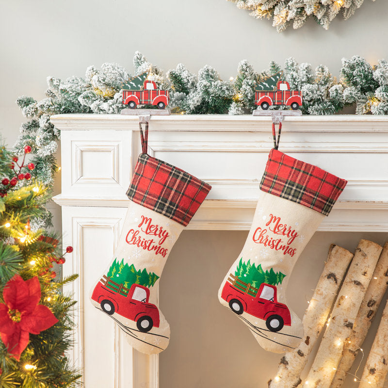 21''L Embroidered Linen Christmas Stocking - Red Truck