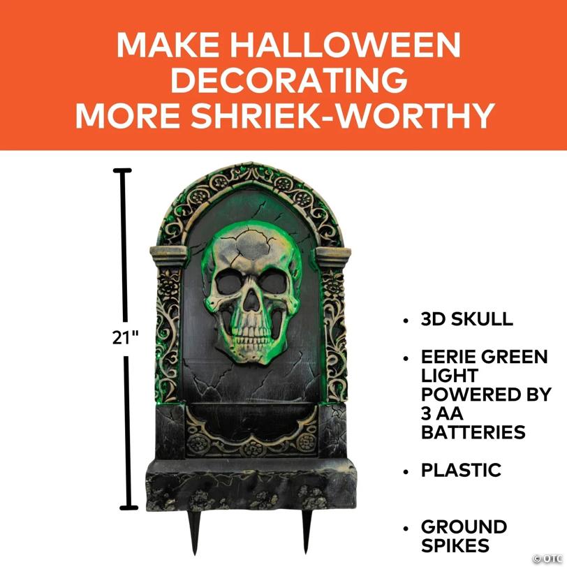 21" Light-Up Tombstone with Skull Halloween Decoration