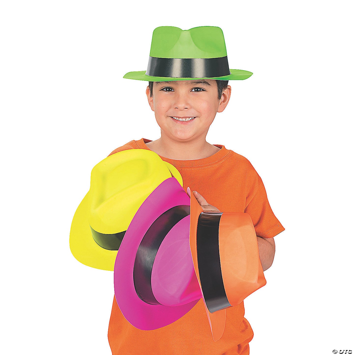 22" Neon Pink, Orange, Lime Green Plastic Fedora Hats - 12 Pc. | USA Decoration®