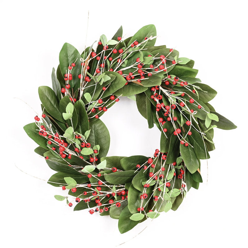 22" magnolia Christmas wreath with berries and magnolia flowers