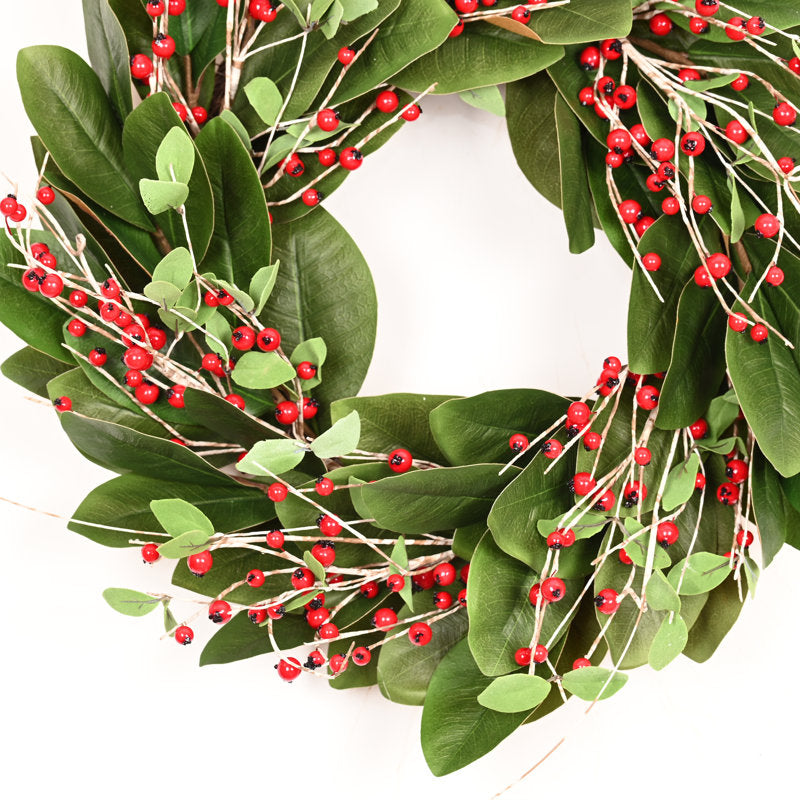 22" Artificial Farmhouse Birch Twig Greenery Eucalyptus Magnolia Leaves Berry Spring Winter Christmas Day Wreath For Front Door