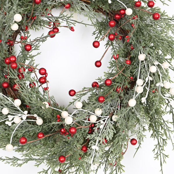 22" Artificial Farmhouse Greenery Cypress Blossoms Cluster Berry Christmas Day Winter Wreath For Front Door