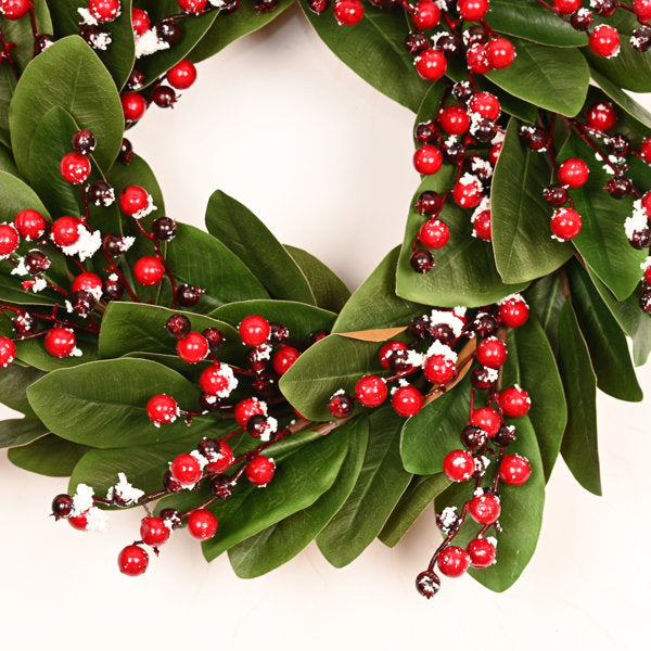 22" Artificial Farmhouse Greenery Magnolia Leaves Frozen Holly Berry Winter Christmas Day Wreath For Front Door