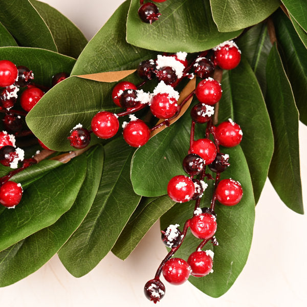 22" Artificial Farmhouse Greenery Magnolia Leaves Frozen Holly Berry Winter Christmas Day Wreath For Front Door