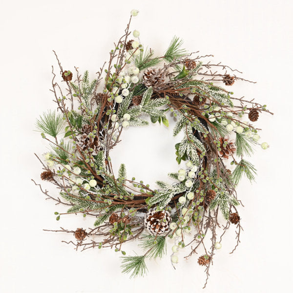 22" Artificial Farmhouse Twig Blossom Cluster Faux Pine Branches Berry Cedar Christmas Day Winter Wreath For Front Door
