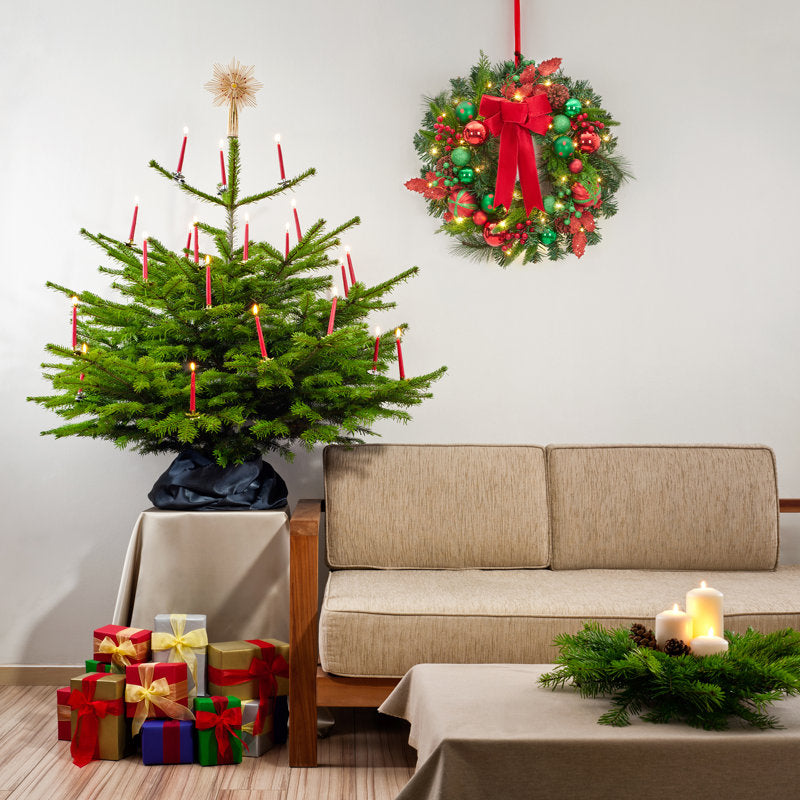 22" Pre-Lit Christmas Wreath with Red Green Balls Pine Cones & Berrie