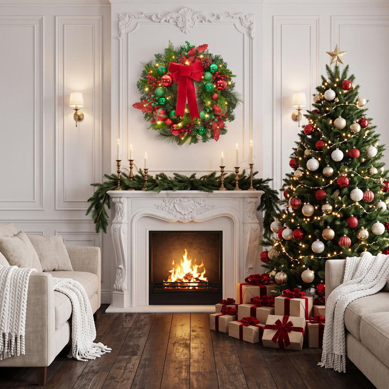 22" pre-lit pine Christmas wreath with pinecones and red berries
