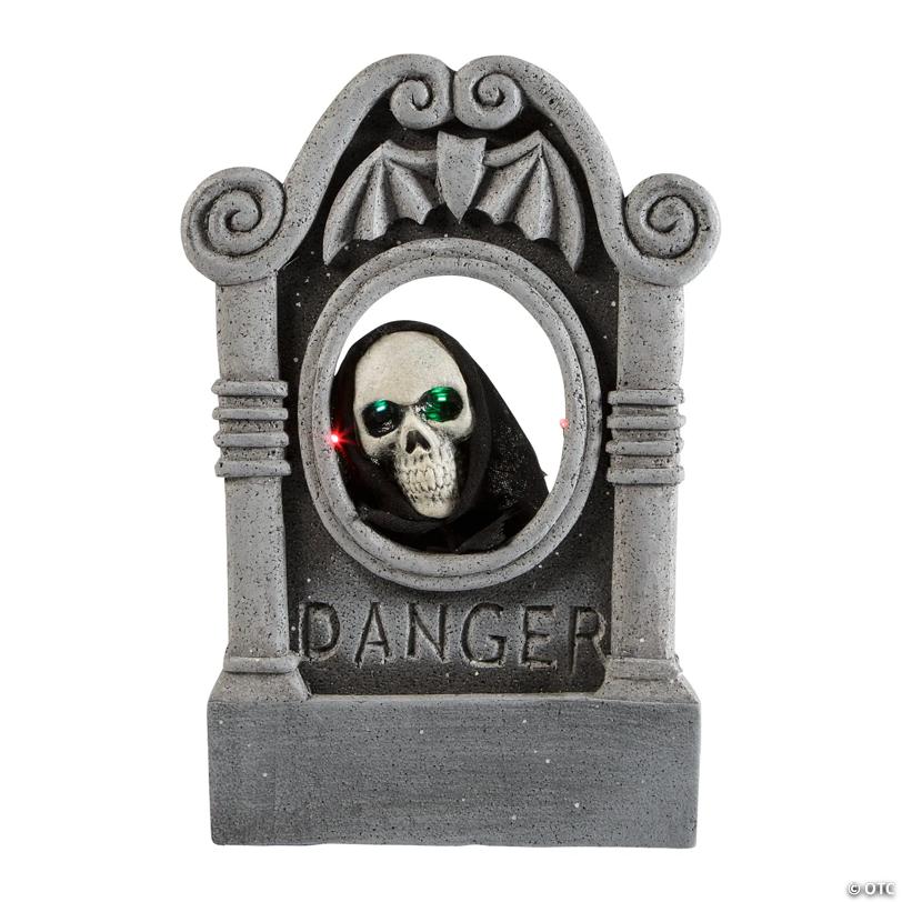 22" Gray Tombstone with Light-Up Moving Skeleton Head Halloween Decoration