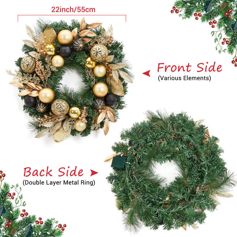 Pre-Lit Flocked Pine Christmas Wreath hanging on a front door