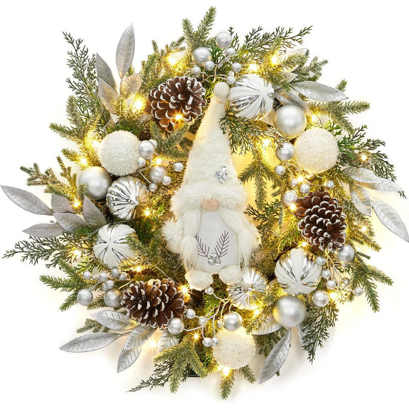 22" Pre-Lit Gnome Christmas Wreath displayed on a front door