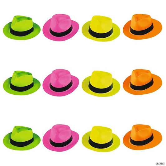 22" Neon Pink, Orange, Lime & Green Plastic  Fedora Hats - 12 Pc.