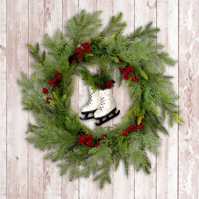 24" Pre-Lit Glitter Pine Christmas Wreath hung on a wooden door