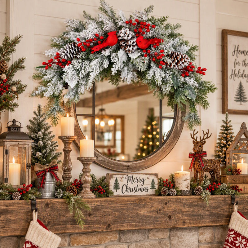 23.6" Arch Christmas Wreath with Red Cardinal Birds, Berries and Pinecones, Faux Evergreen Door Swag for Farmhouse Holiday Home Decor