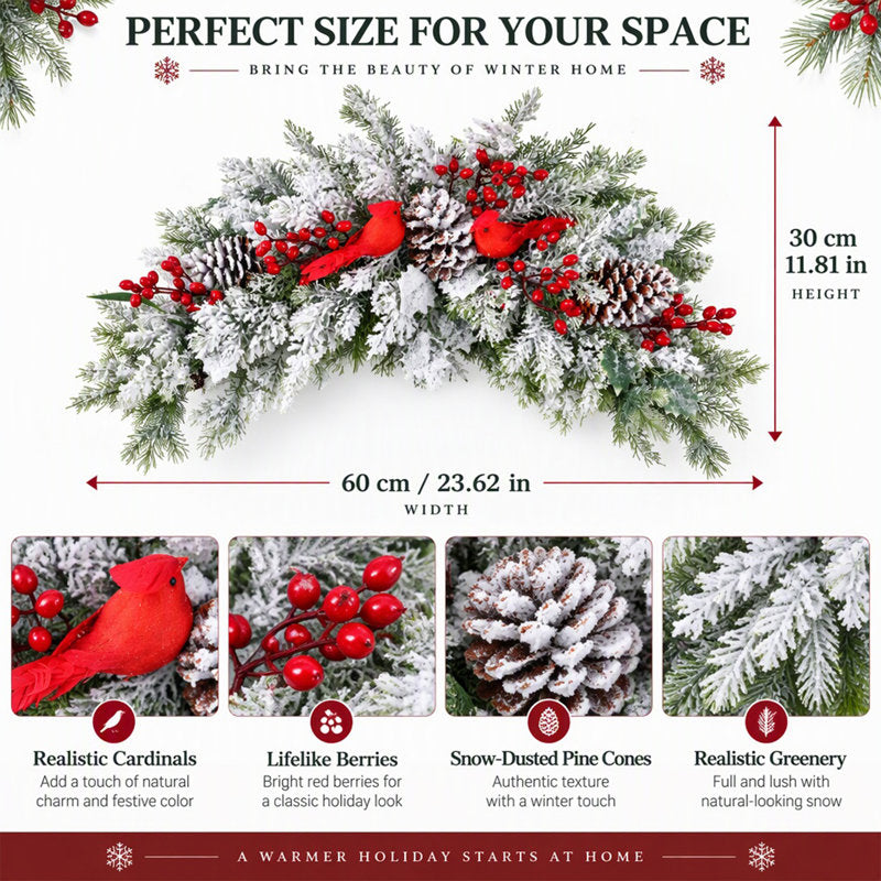 23.6" Arch Christmas Wreath with Red Cardinal Birds, Berries and Pinecones, Faux Evergreen Door Swag for Farmhouse Holiday Home Decor