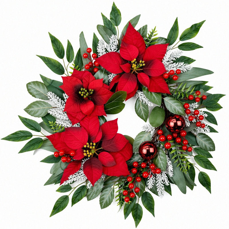 23.6" poinsettia Christmas wreath with red berries and poinsettias