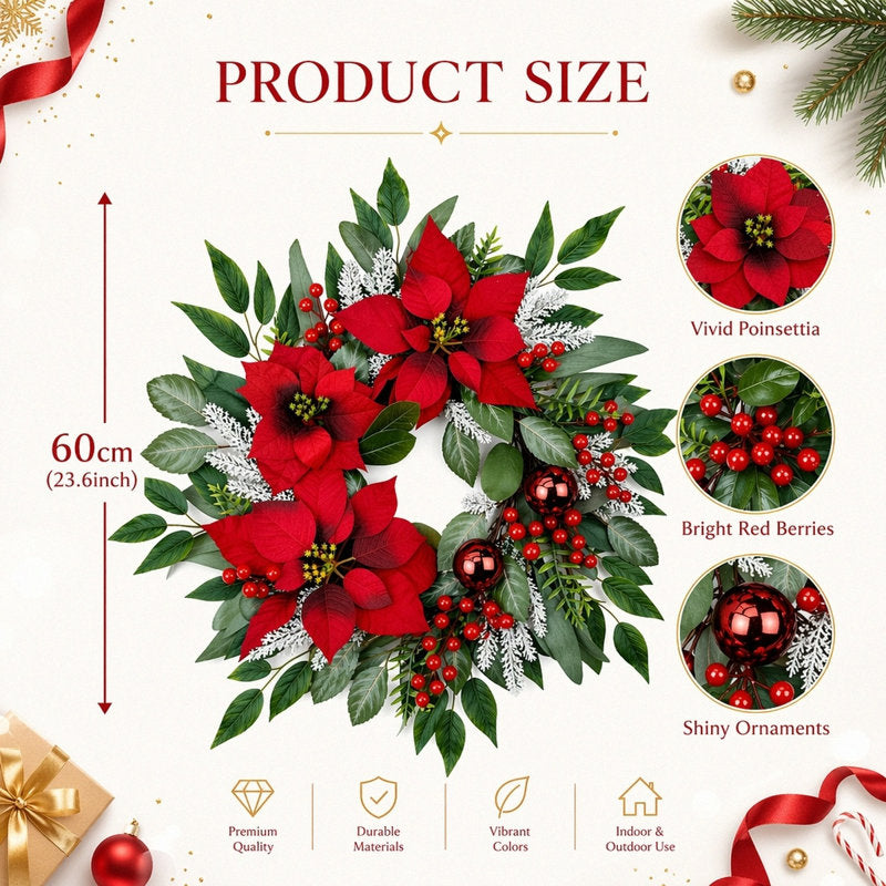 23.6 Inch Christmas Poinsettia Wreath with Red Berries and Ornaments for Front Door Decor