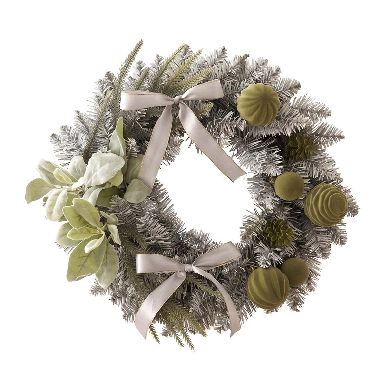 23.6" frosted pine Christmas wreath with a bow and ornaments