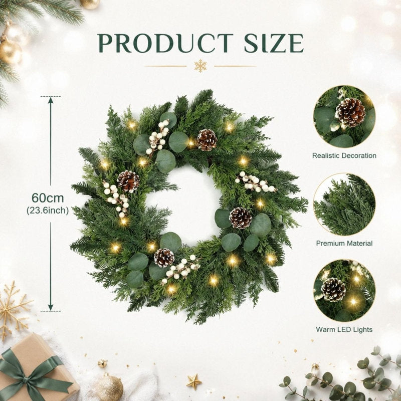 23.6 Inch Pre-Lit Artificial Christmas Wreath with Faux Pinecones, White Berries and Eucalyptus Leaves