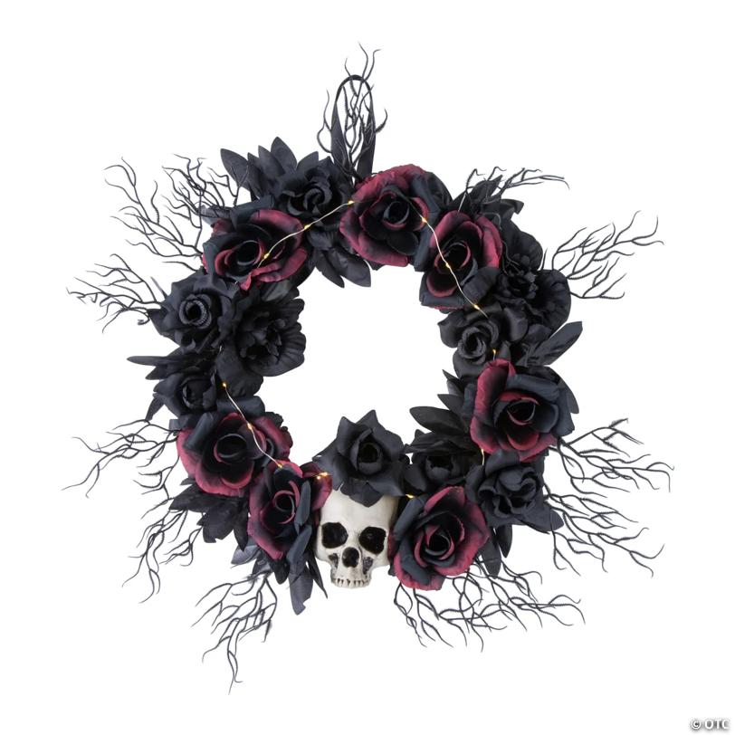 23 1/2" Light-Up Dead Roses & Skull Halloween Wreath Decoration