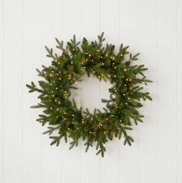 24" Dandan Green Plug-In Wreath with Warm White LED Lights Lush, Lighted Holiday Accent