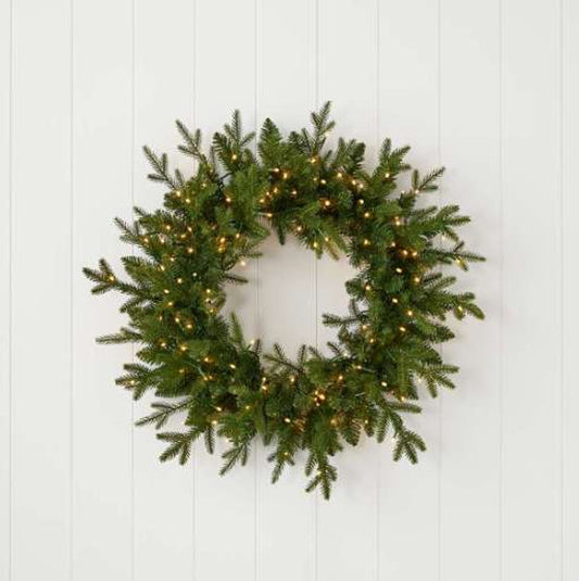 24" Dandan Green Plug-In Wreath with Warm White LED Lights Lush, Lighted Holiday Accent