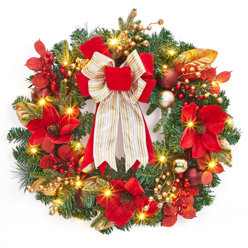 Pre-Lit Christmas Wreath hung on a wooden door