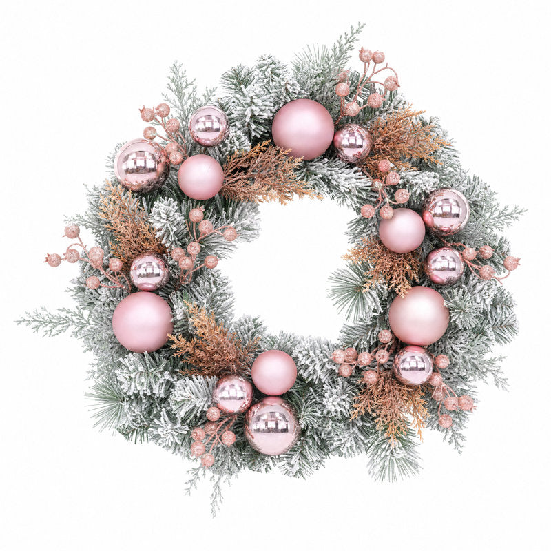 24" pre-lit pink Christmas wreath with ornaments and snowflakes