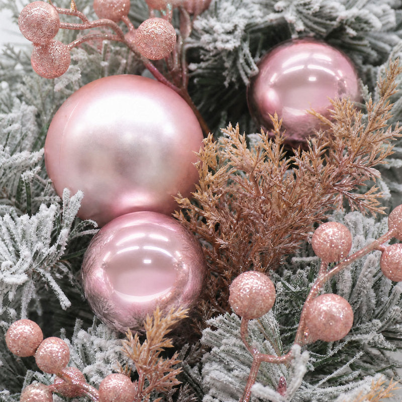 24-Inch Pre-Lit Artificial Christmas Wreath with Pink Electroplated Balls and Snowflake Accents