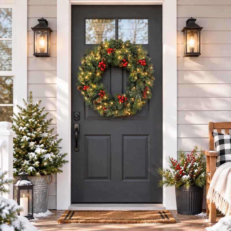 24" pre-lit pine Christmas wreath with 50 LED lights and pinecones