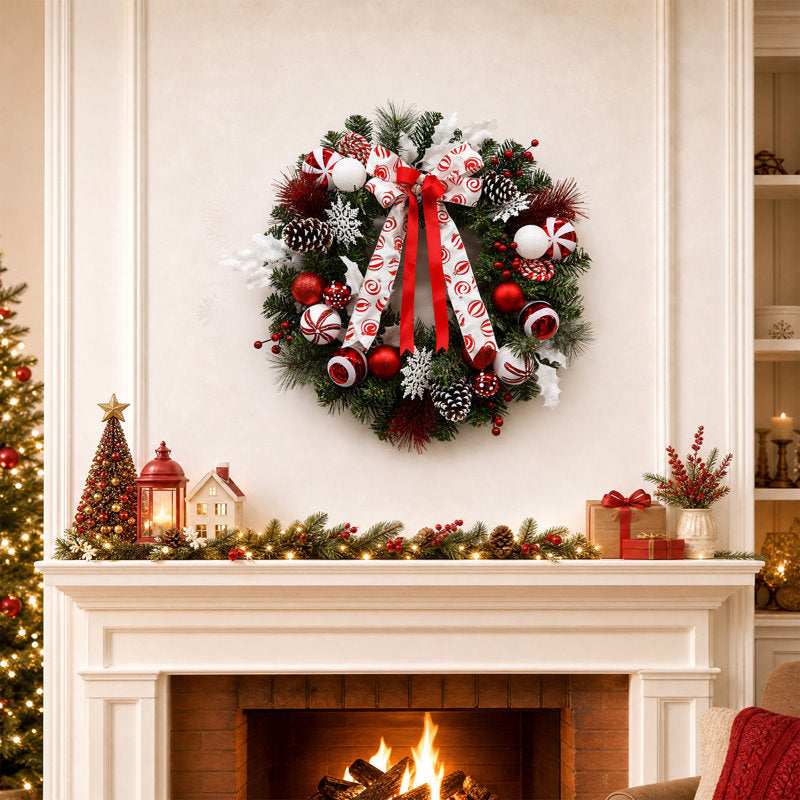 24-Inch Pre-Lit Christmas Wreath with 20 LED Lights, 8 Lighting Modes, PVC Pine Branches and 6-Hour Timer for Front Door and Holiday Decor
