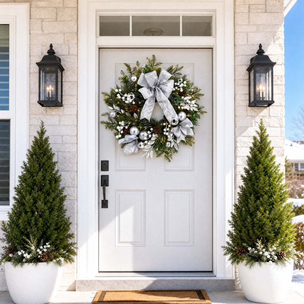 24-Inch Pre-Lit Christmas Wreath with Silver Ribbon