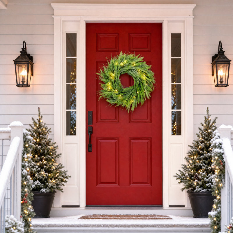 24-Inch Pre-Lit Green Christmas Wreath with 20 LED Lights for Doors, Walls, and Windows