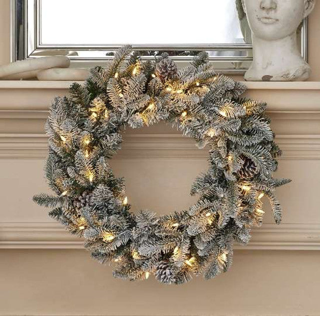 24" Lexington Fir Flocked Plug-In Wreath with Warm White LED Lights Snowy Classic Holiday Décor